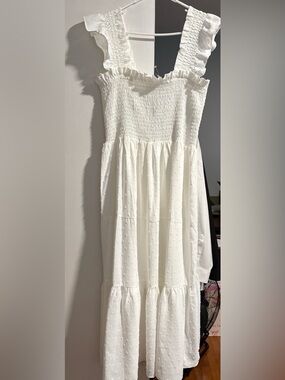 London Times White Smocked Maxi Dress with Ruffle Straps